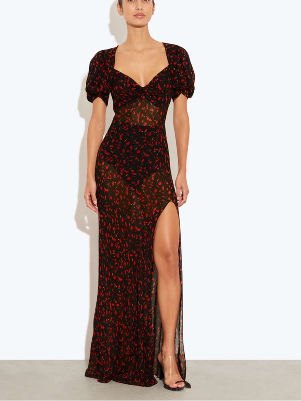 Rat & Boa Magnolia Dress with Red Floral Print and High Slit
